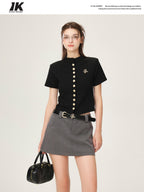 ikyou 3D Embellished Minimal Slim Short Sleeve Stand Collar Black Knit Women Cardigans