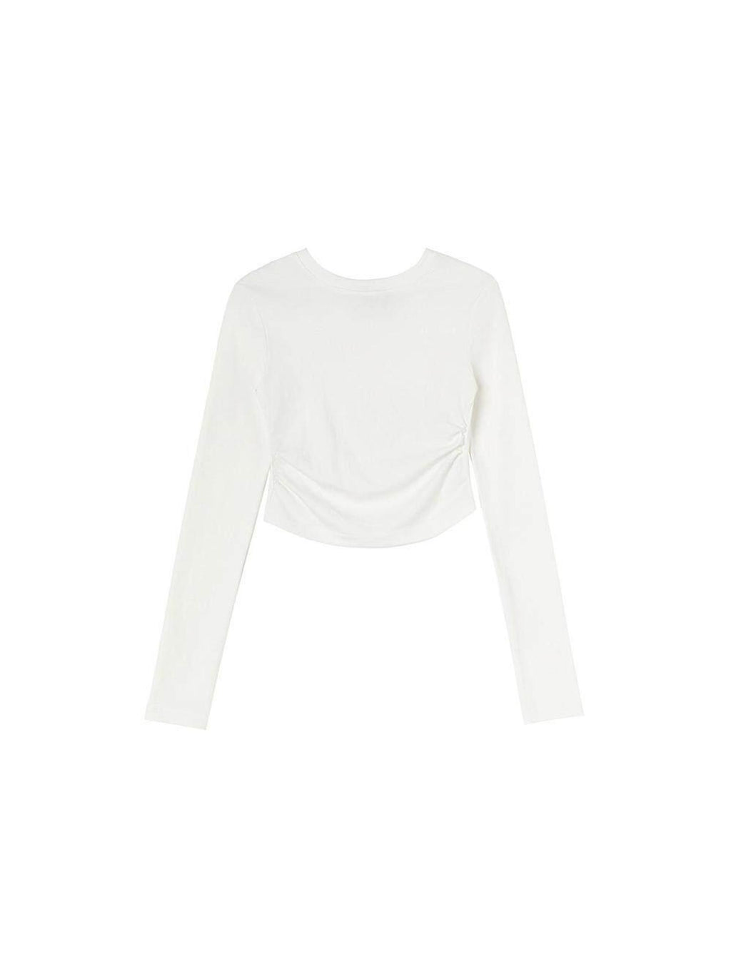 ikyou Slim Drawstring Long Sleeve Combed Cotton Crewneck Black White Basic Crop Tops