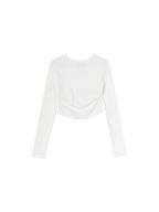 ikyou Slim Drawstring Long Sleeve Combed Cotton Crewneck Black White Basic Crop Tops
