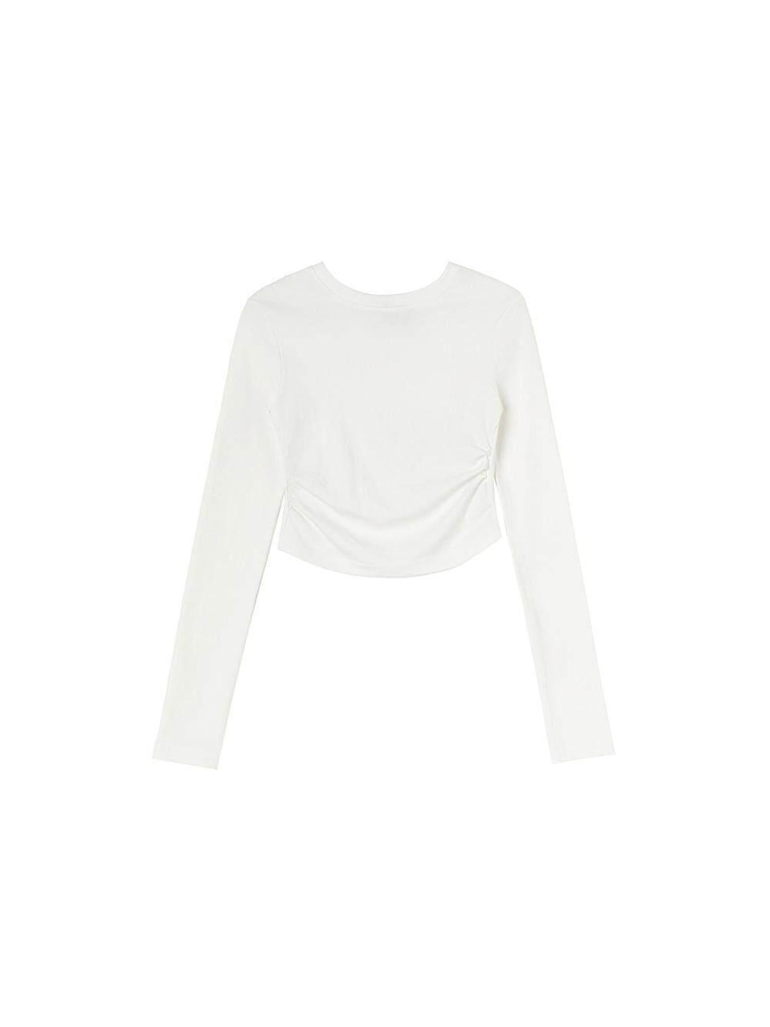 ikyou Slim Drawstring Long Sleeve Combed Cotton Crewneck Black White Basic Crop Tops