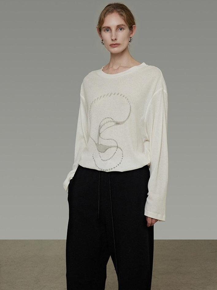 unspoken Lightweight Printed Minimalist Loose Round Neck Women Cream Pullover Sweaters