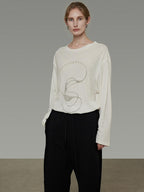 unspoken Lightweight Printed Minimalist Loose Round Neck Women Cream Pullover Sweaters