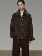 unspoken Faux Fur Collar Loose Fit Structured Tailored High Waist Women Brown Short Coat