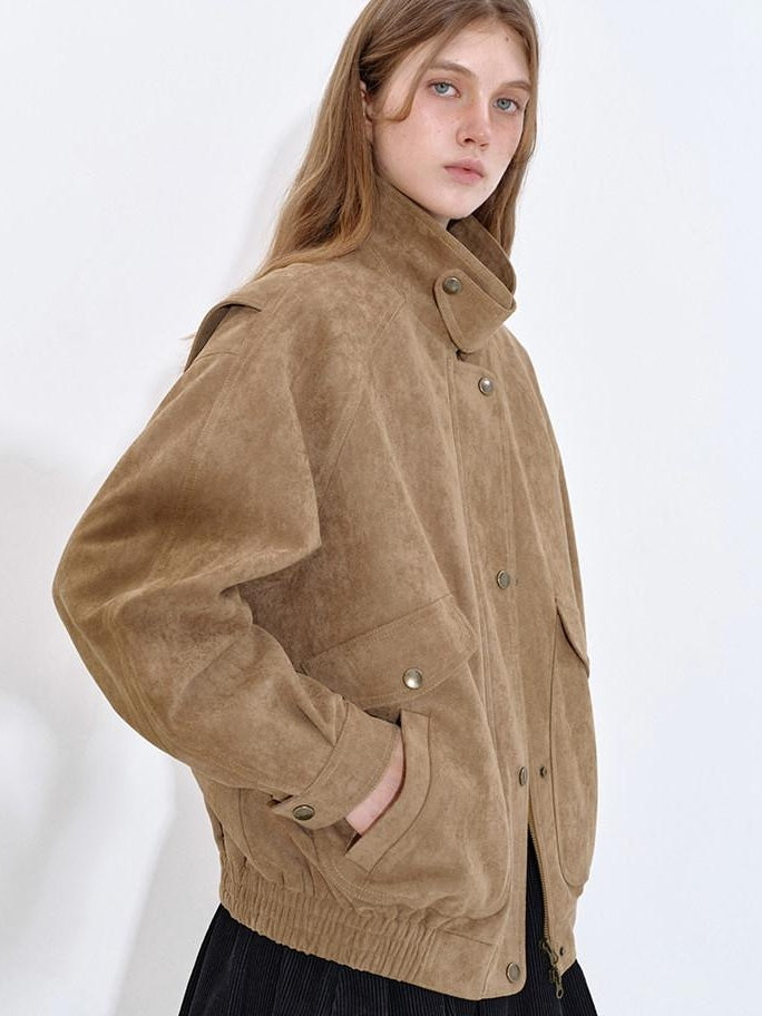 fano Pocketed Khaki Loose Fit Commuter Stand Collar Youth Polyester Bomber Jackets