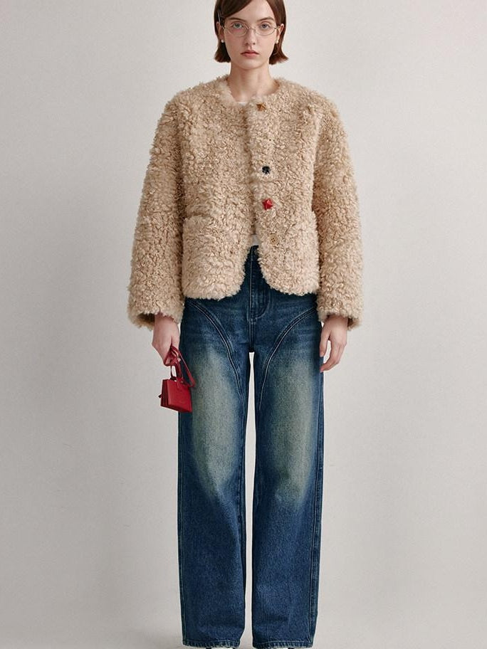 fano Faux Fur Straight Cut Minimal Workwear Women Gray Khaki Short Coat