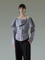 unspoken Breathable 100% Cotton Loose Boat Neck Long Sleeve Women Office Striped Blouses