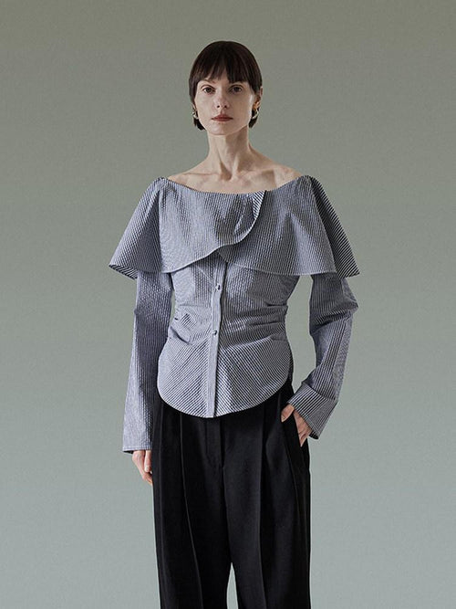 unspoken Breathable 100% Cotton Loose Boat Neck Long Sleeve Women Office Striped Blouses