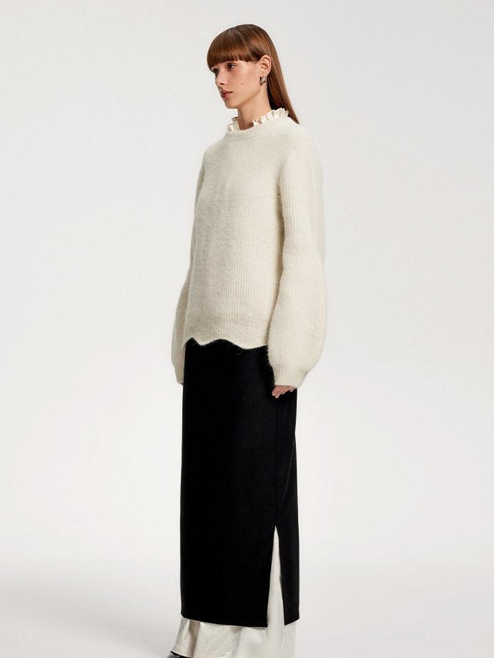someone sometimes Recycled Viscose Wool Blend Commuter Crew Neck Pullover Cream Sweaters