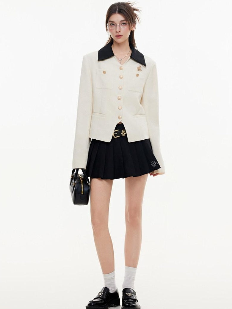 ikyou Office Slim Fit White Lapel Button Multi Pocket Women Cropped Jackets