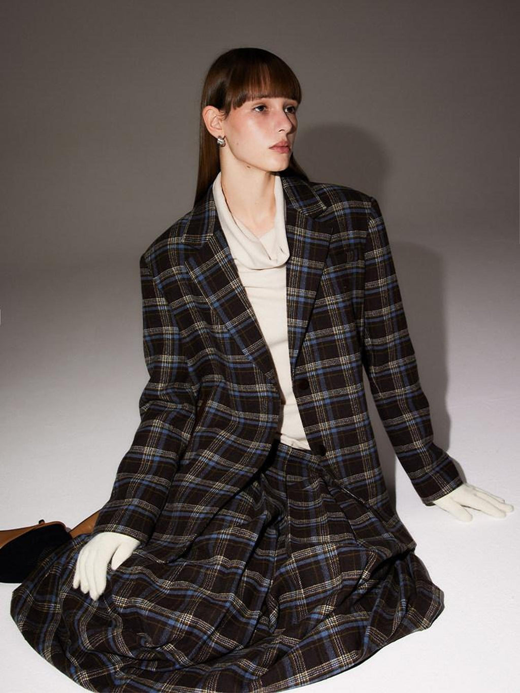someone sometimes Original Design Plaid V-neck Long Sleeve Polyester Office Chic Top & Skirt Sets