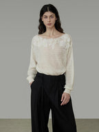unspoken Soft Knit 3D Embellishment Loose Round Neck Long Sleeve Women White Blouses