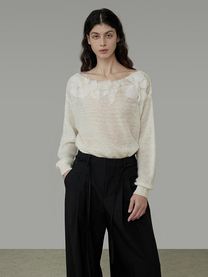 unspoken Soft Knit 3D Embellishment Loose Round Neck Long Sleeve Women White Blouses