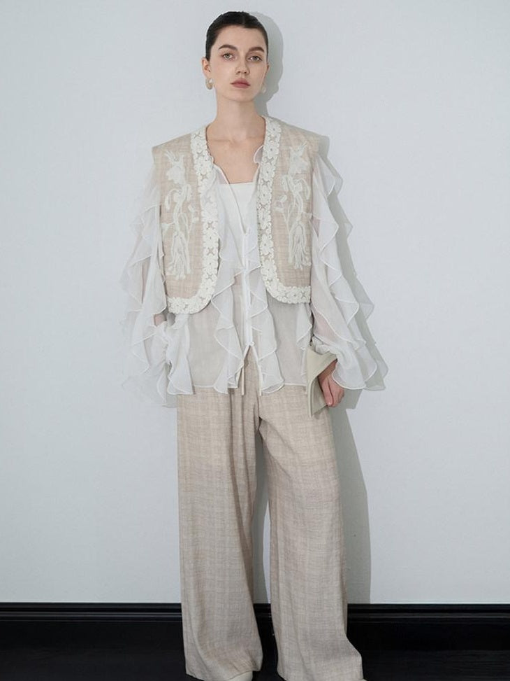 audreyyang Linen Blend V-neck Vest Trousers Solid Minimal Original Design Top & Pants Sets