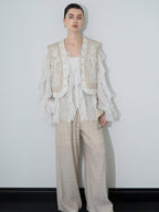 audreyyang Linen Blend V-neck Vest Trousers Solid Minimal Original Design Top & Pants Sets