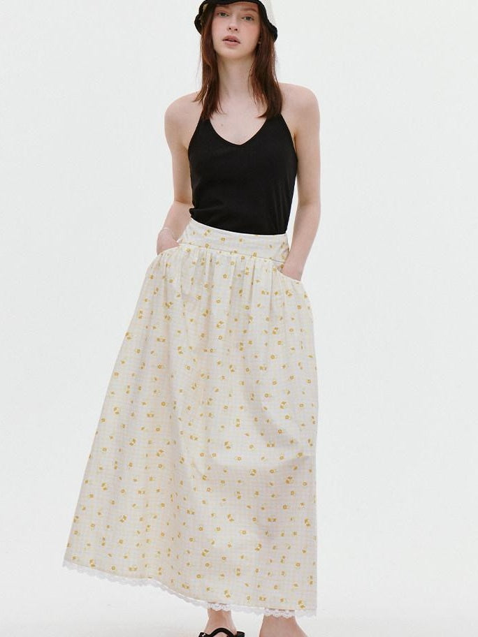 fano Lined 100% Cotton Soft Plaid A Line Mid Waist Loose Fit Korean Maxi Skirts