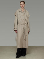 unspoken Minimalist Longline Single Breasted Loose Fit Women Beige Trench Coats