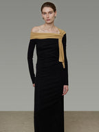 unspoken Breathable Lyocell Knit Slim A Line Waist Cinch V-neck Black Ladies Maxi Dresses