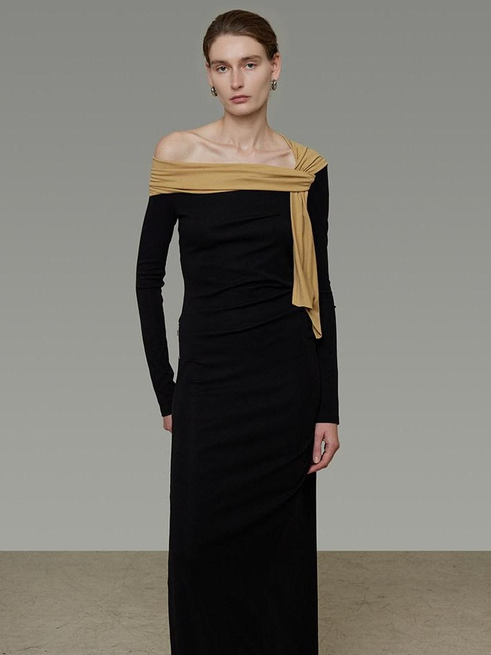 unspoken Breathable Lyocell Knit Slim A Line Waist Cinch V-neck Black Ladies Maxi Dresses