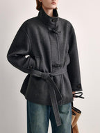 fano Minimal Commuter Straight Midlength Stand Collar Pocket Toggle Women Short Coat
