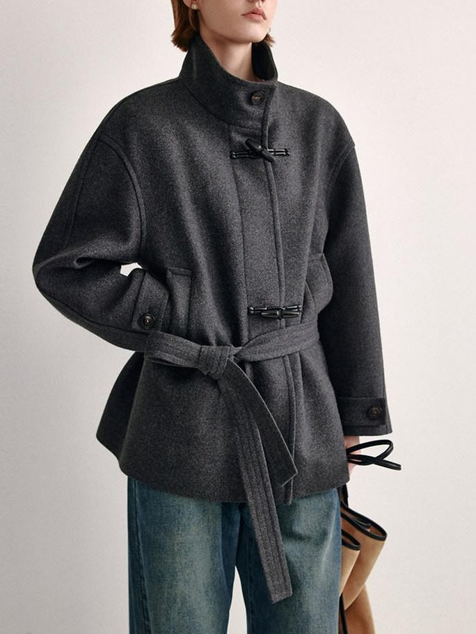 fano Minimal Commuter Straight Midlength Stand Collar Pocket Toggle Women Short Coat