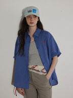 Lofi choose Lightweight Embroidered Plaid Button Down Loose Commuter Short Sleeve Women Shirts