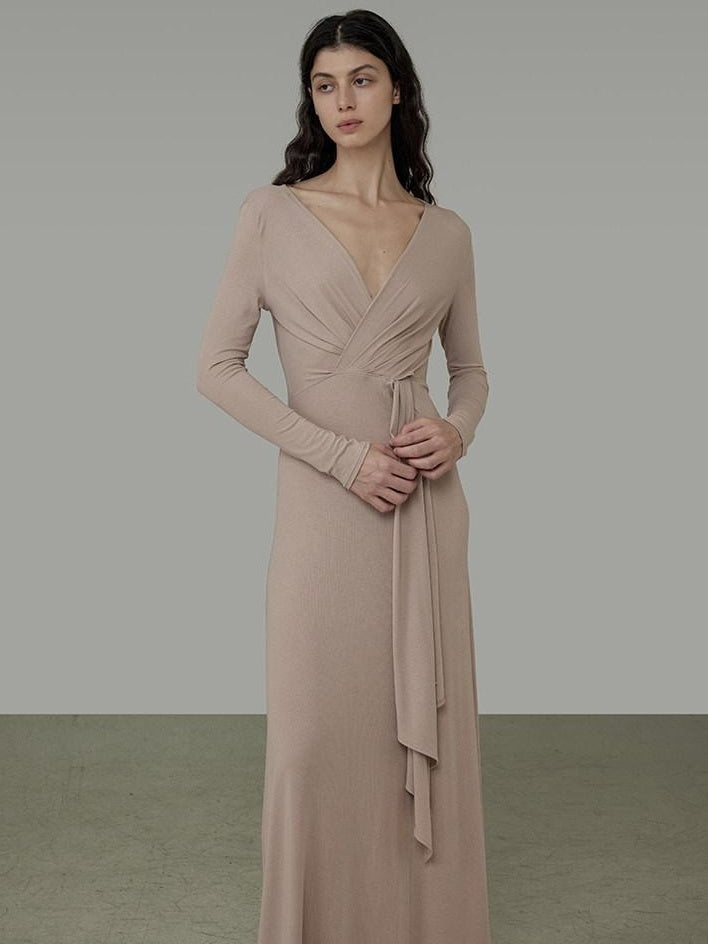 unspoken Lyocell V-neck High Waist Zip Longsleeve Pink Slim Knit Maxi Dresses