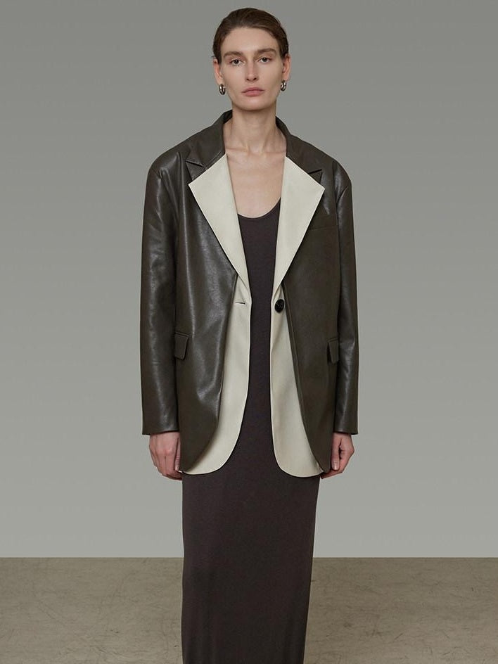 unspoken Soft Viscose Blazer Collar Relaxed Fit Commuter Women Brown Leather Jackets