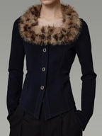 unspoken Warm Fur Collar Slim Cropped Workwear Women Cotton Leopard Navy Cardigans