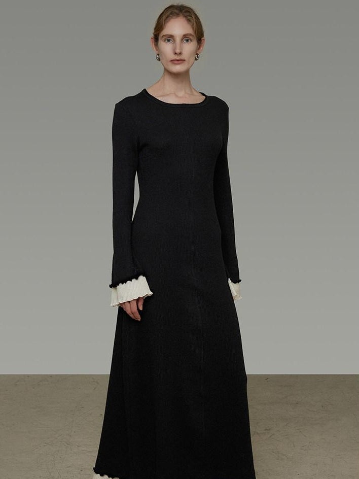 unspoken Slim Waist Colorblock Aline Knit Bell Sleeve Office Women Breathable Maxi Dresses