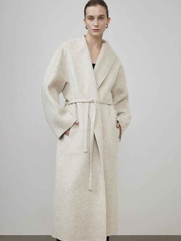 unspoken Warm Wool Rabbit Silk Blend Tie Waist Straight Cut Minimal Commuter Long Coats