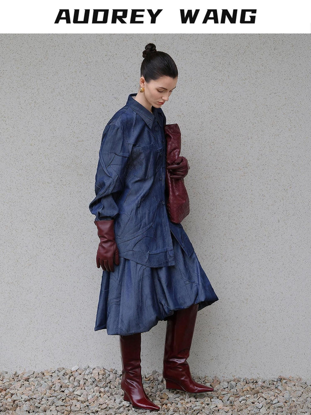 audreyyang Original Loose Pleated Faux Denim Collared Long Sleeve Girls Top & Skirt Sets