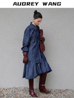 audreyyang Original Loose Pleated Faux Denim Collared Long Sleeve Girls Top & Skirt Sets