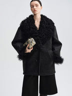 audreyyang Warm Wool Shearling Collar Patchwork Loose Midlength Women Black Long Coats