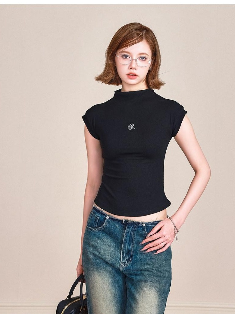 ikyou 3D Embellished Slim Fit Mock Neck Commuter Cotton Short Sleeve T-Shirts