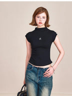 ikyou 3D Embellished Slim Fit Mock Neck Commuter Cotton Short Sleeve T-Shirts