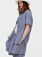 fano Navy Button Front Collared Short Sleeve Two Piece Chic Women Top & Skirt Sets