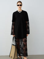 audreyyang Lace Trim Cotton Loose Aline Skirt Short Sleeve Casual Women Top & Skirt Sets