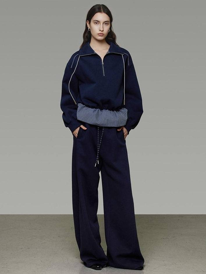 unspoken Breathable Soft Cotton Minimal Mid Rise Drawstring Navy Women Wide Leg Pants