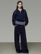 unspoken Breathable Soft Cotton Minimal Mid Rise Drawstring Navy Women Wide Leg Pants