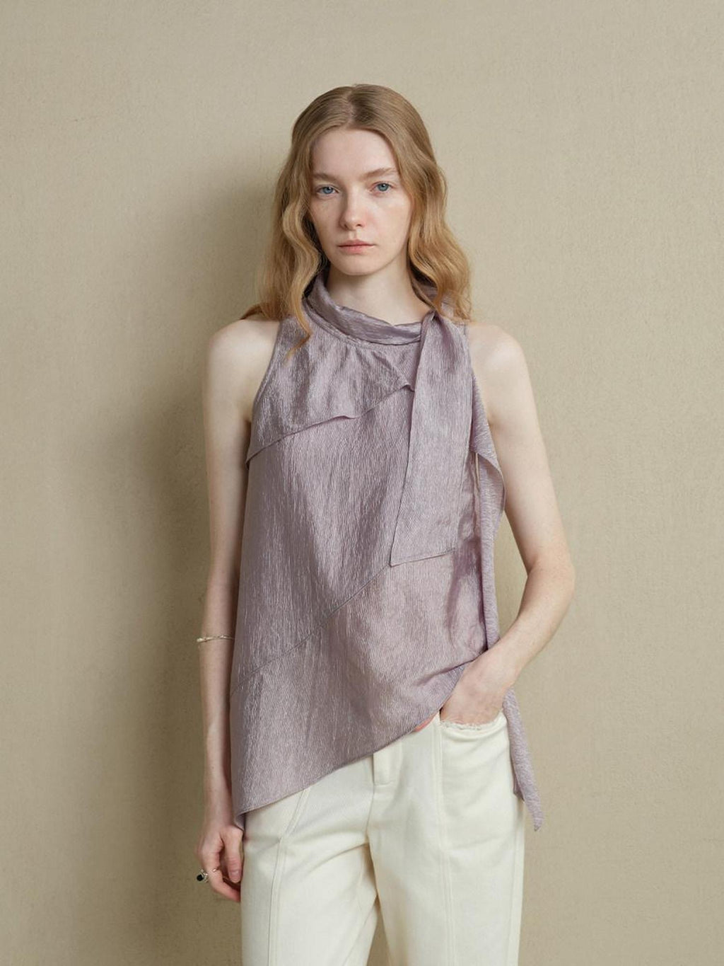 someonesometimes Asymmetrical Fringe Slim Fit Strap Solid Silver Purple Long Sleeve Crop Tops