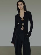 unspoken Side Slit Slim Fit Casual V-neck Button Long Sleeve Black Women Knit Cardigans