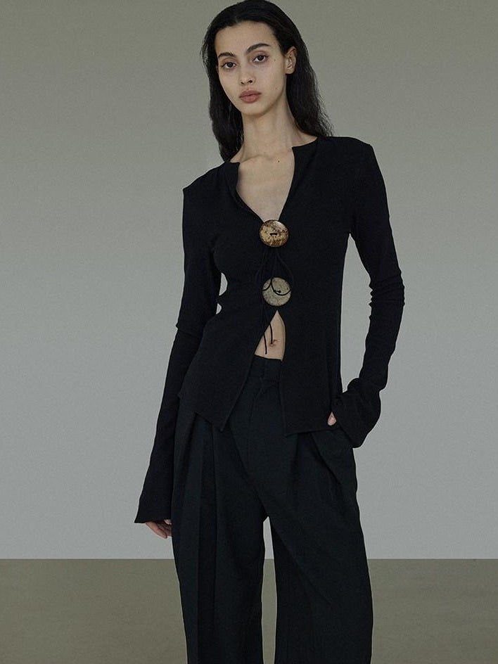 unspoken Side Slit Slim Fit Casual V-neck Button Long Sleeve Black Women Knit Cardigans