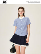 ikyou Embroidered Patchwork Straight Fit Stand Collar Short Sleeve Blue Button Blouses