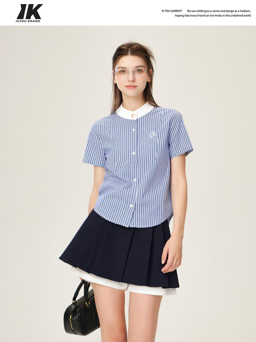 ikyou Embroidered Patchwork Straight Fit Stand Collar Short Sleeve Blue Button Blouses