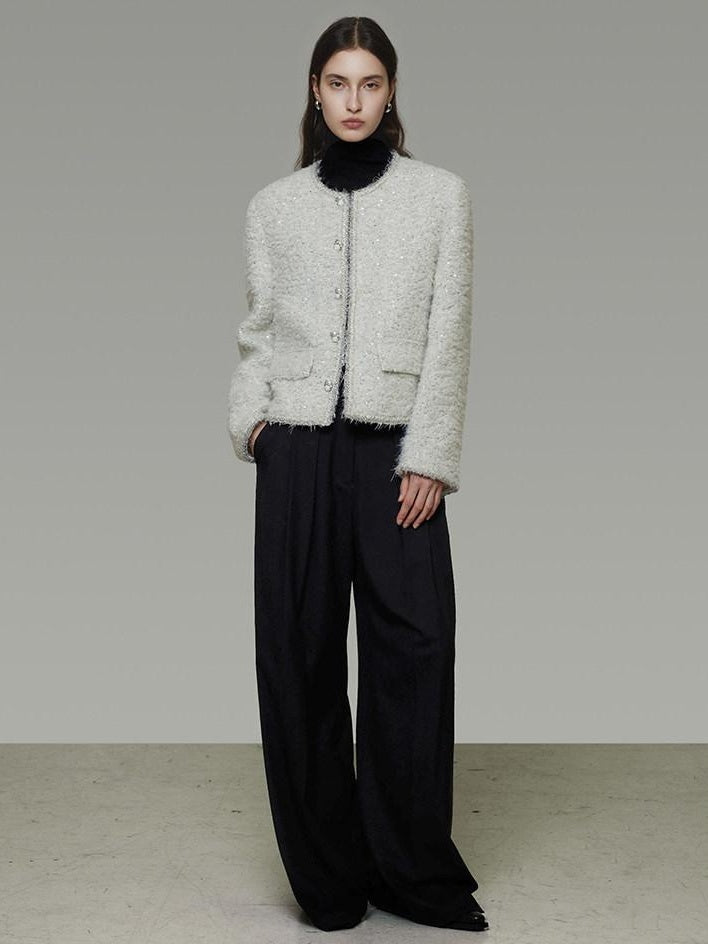 unspoken Lambswool Minimal Commuter Loose Single Button Round Neck Women Cropped Jackets