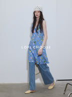 Lofi choose Printed Polyester Sleeveless V-neck A Line Casual Women Black Blue Midi Dresses