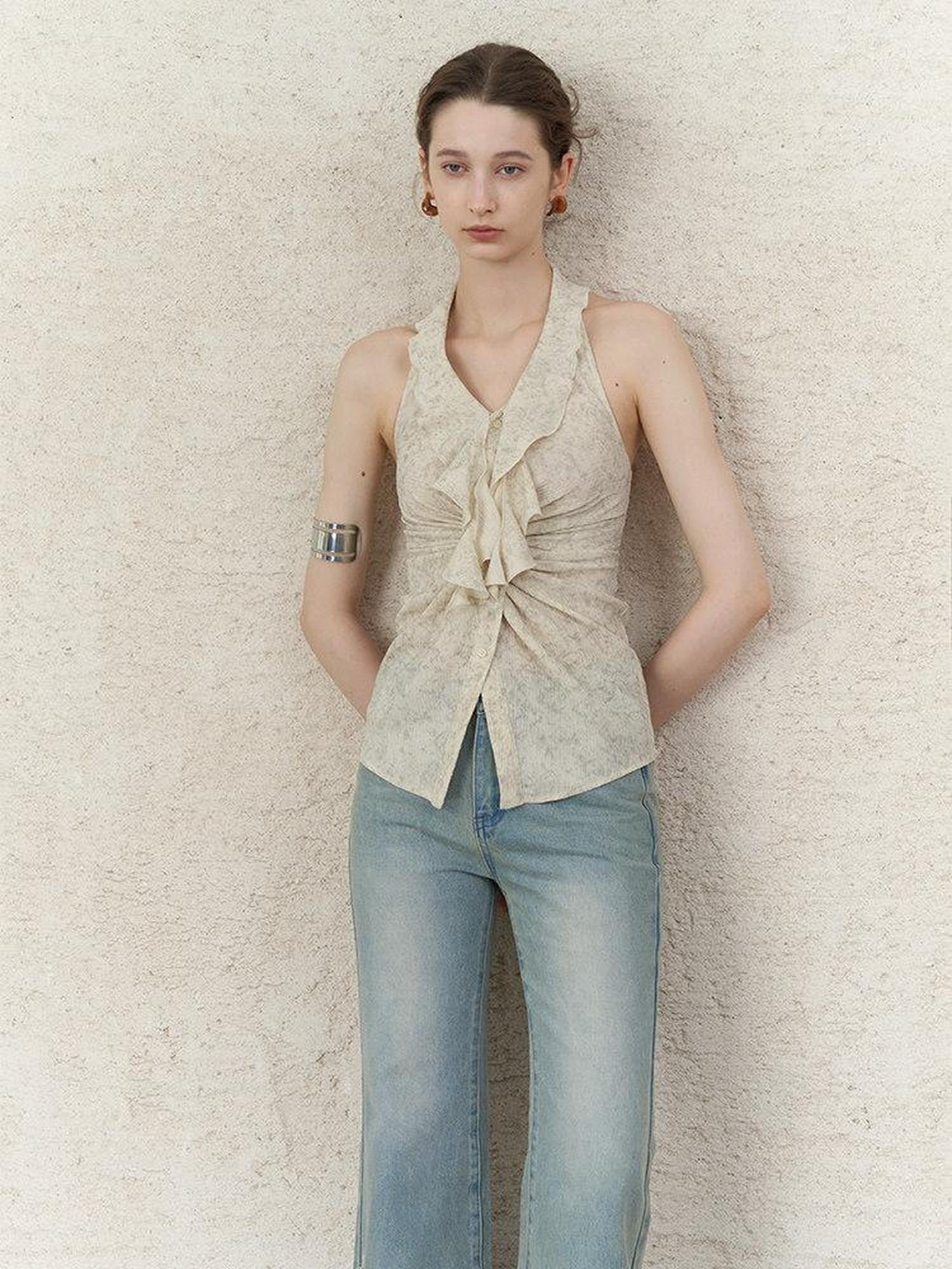someonesometimes Ruffle Halter Slim Fit Cropped Solid Almond Stretch Tank Tops