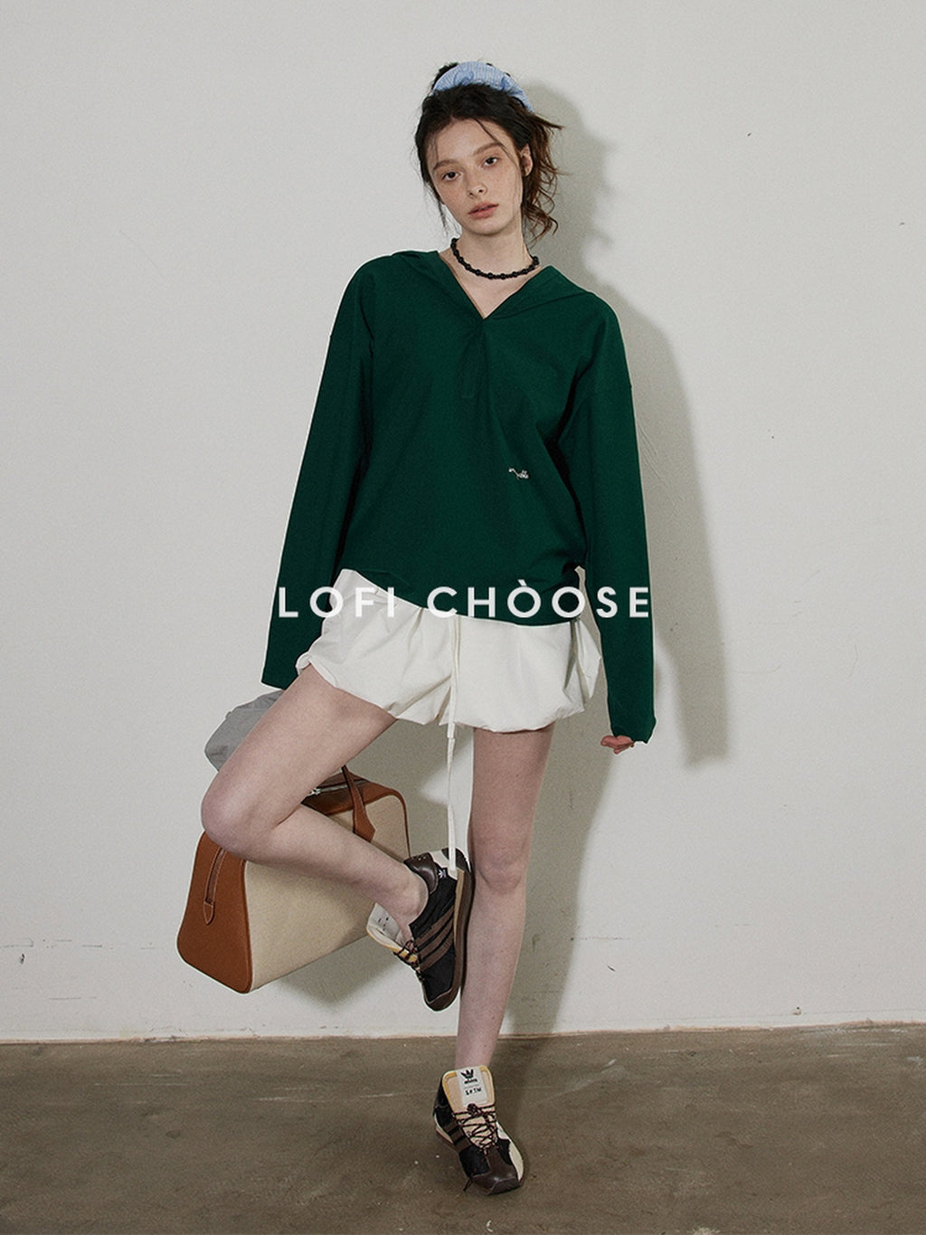 Lofi choose Cozy Loose Fit V-neck Hooded Commuter Style Women Green Gray Hoodie