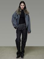 unspoken Deep Gray Cotton Zip Fur Collar Relaxed Commuter Insulated Puffer Jackets