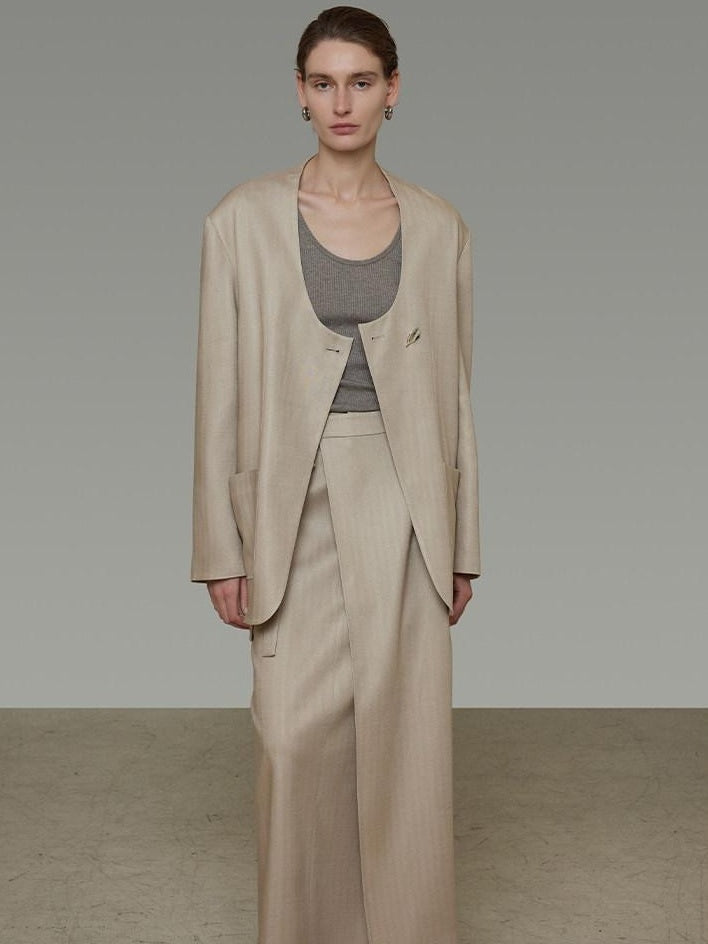 unspoken Breathable Tencel Loose Collarless No Button Minimalist Beige Women Blazers